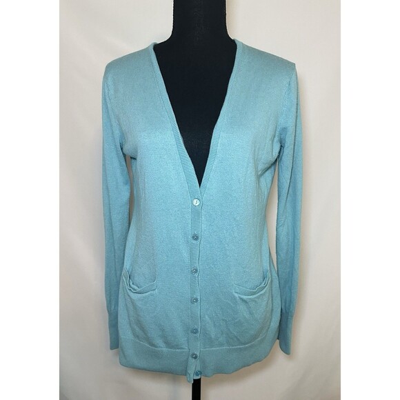 Nordstrom Collection Cashmere Silk Blend Button Aqua Blue Cardigan Women's MED - Picture 1 of 14